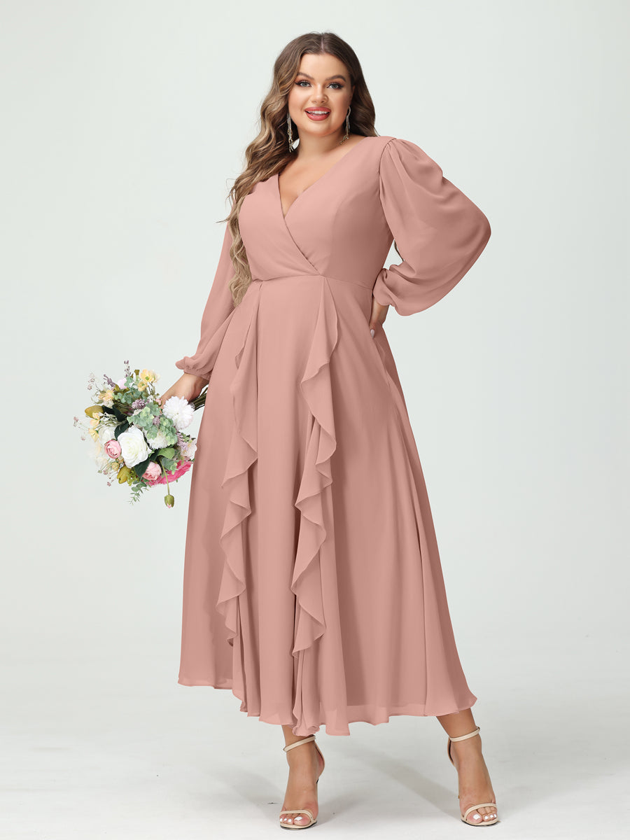 Plus Size Chiffon Bridesmaid Dress with V-Neck, Long Sleeves, and A-Line Princess Silhouette in Tea-Length Featuring Pockets & Ruffles-BMbridal.UK