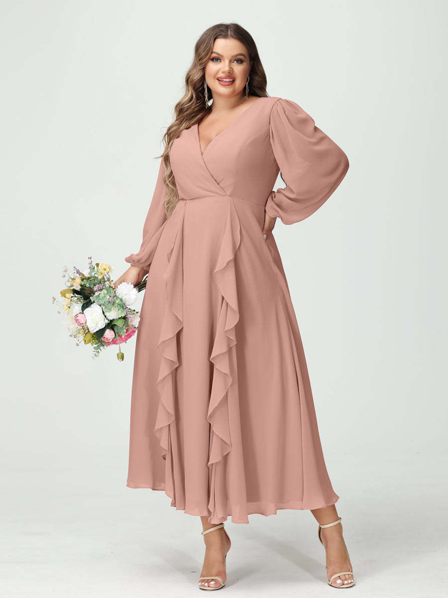 Plus Size Chiffon Bridesmaid Dress with V-Neck, Long Sleeves, and A-Line Princess Silhouette in Tea-Length Featuring Pockets & Ruffles-BMbridal.UK