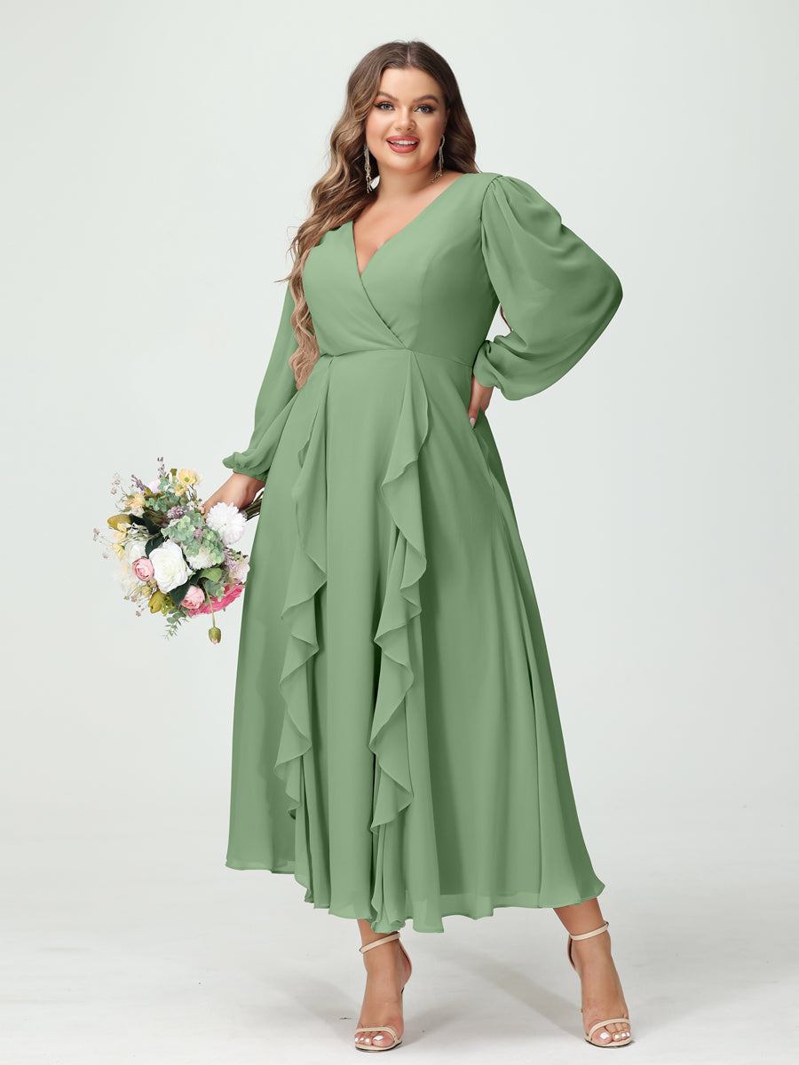 Plus Size Chiffon Bridesmaid Dress with V-Neck, Long Sleeves, and A-Line Princess Silhouette in Tea-Length Featuring Pockets & Ruffles-BMbridal.UK