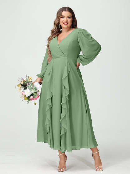 Plus Size Chiffon Bridesmaid Dress with V-Neck, Long Sleeves, and A-Line Princess Silhouette in Tea-Length Featuring Pockets & Ruffles-BMbridal.UK