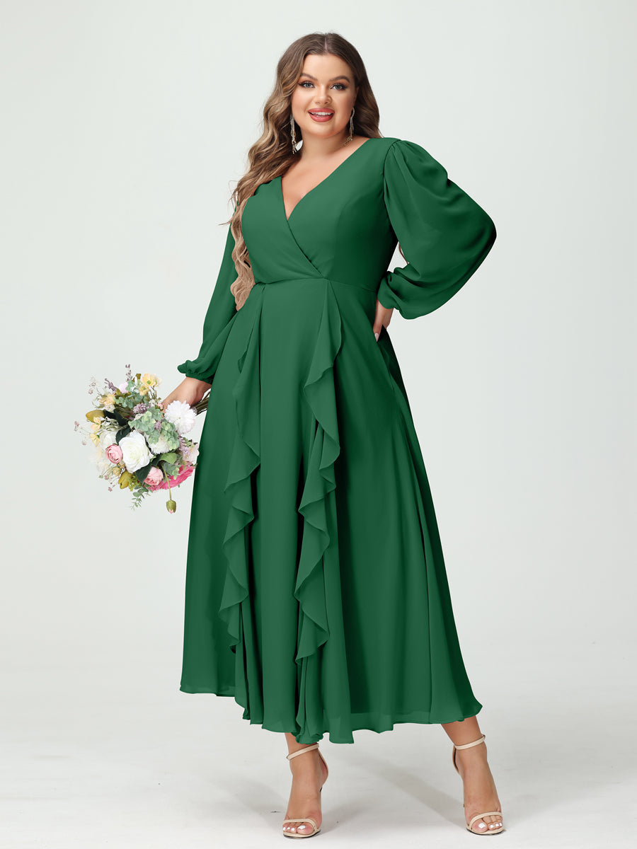 Plus Size Chiffon Bridesmaid Dress with V-Neck, Long Sleeves, and A-Line Princess Silhouette in Tea-Length Featuring Pockets & Ruffles-BMbridal.UK
