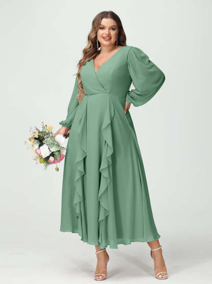 Plus Size Chiffon Bridesmaid Dress with V-Neck, Long Sleeves, and A-Line Princess Silhouette in Tea-Length Featuring Pockets & Ruffles-BMbridal.UK