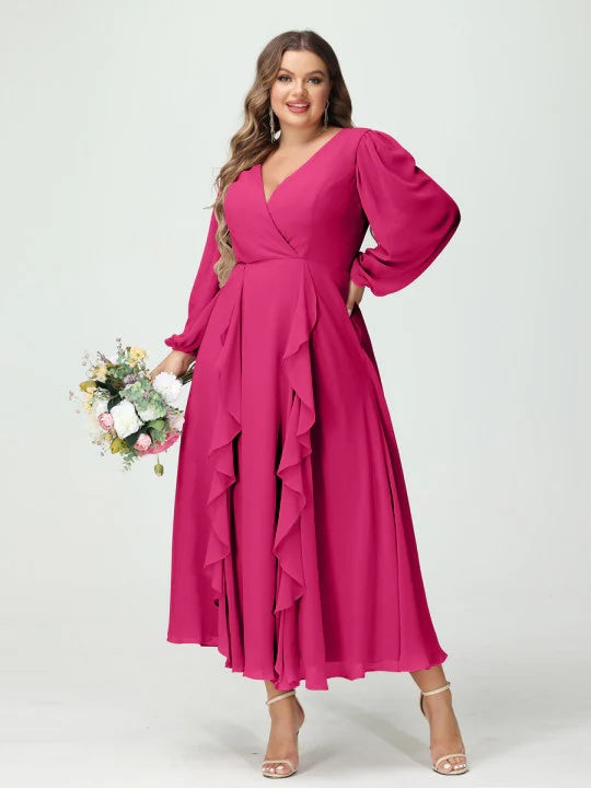 Plus Size Chiffon Bridesmaid Dress with V-Neck, Long Sleeves, and A-Line Princess Silhouette in Tea-Length Featuring Pockets & Ruffles-BMbridal.UK