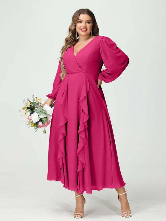 Plus Size Chiffon Bridesmaid Dress with V-Neck, Long Sleeves, and A-Line Princess Silhouette in Tea-Length Featuring Pockets & Ruffles-BMbridal.UK