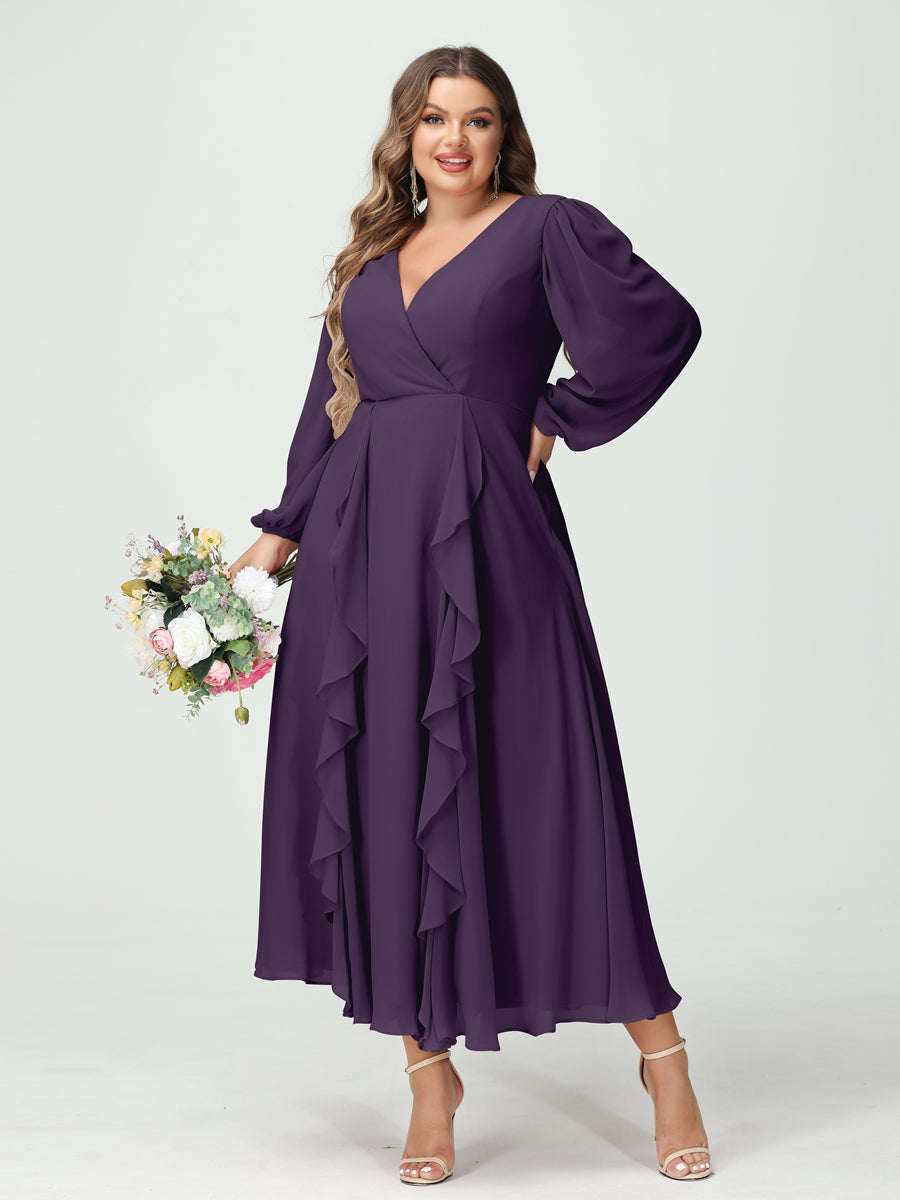 Plus Size Chiffon Bridesmaid Dress with V-Neck, Long Sleeves, and A-Line Princess Silhouette in Tea-Length Featuring Pockets & Ruffles-BMbridal.UK