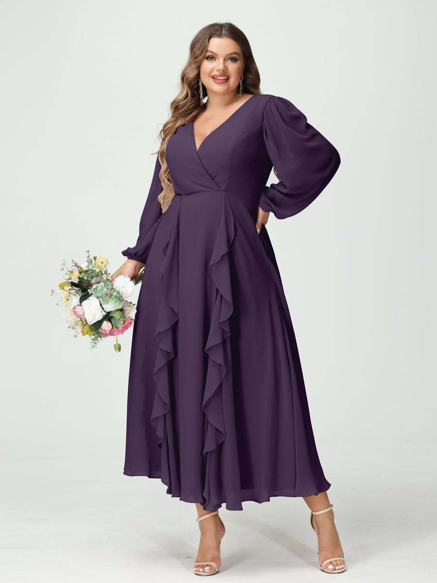 Plus Size Chiffon Bridesmaid Dress with V-Neck, Long Sleeves, and A-Line Princess Silhouette in Tea-Length Featuring Pockets & Ruffles-BMbridal.UK