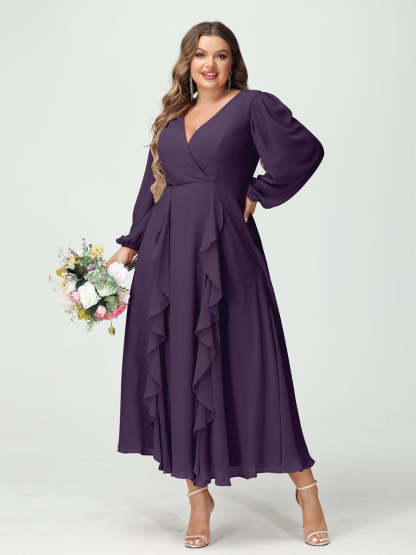 Plus Size Chiffon Bridesmaid Dress with V-Neck, Long Sleeves, and A-Line Princess Silhouette in Tea-Length Featuring Pockets & Ruffles-BMbridal.UK