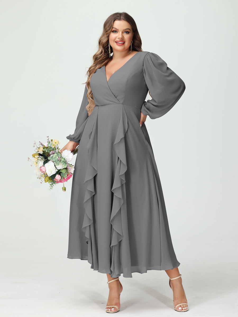 Plus Size Chiffon Bridesmaid Dress with V-Neck, Long Sleeves, and A-Line Princess Silhouette in Tea-Length Featuring Pockets & Ruffles-BMbridal.UK
