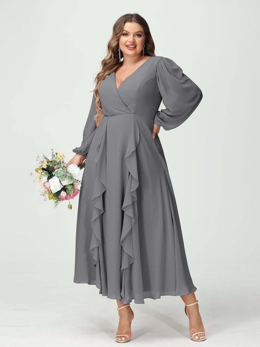 Plus Size Chiffon Bridesmaid Dress with V-Neck, Long Sleeves, and A-Line Princess Silhouette in Tea-Length Featuring Pockets & Ruffles-BMbridal.UK