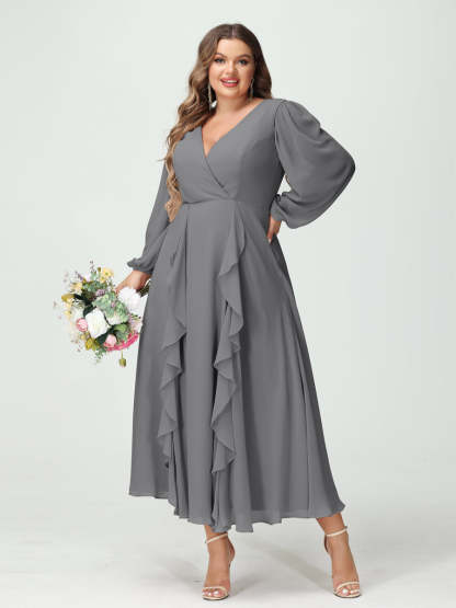 Plus Size Chiffon Bridesmaid Dress with V-Neck, Long Sleeves, and A-Line Princess Silhouette in Tea-Length Featuring Pockets & Ruffles-BMbridal.UK