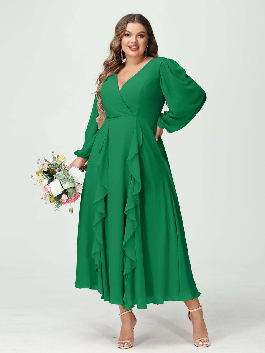 Plus Size Chiffon Bridesmaid Dress with V-Neck, Long Sleeves, and A-Line Princess Silhouette in Tea-Length Featuring Pockets & Ruffles-BMbridal.UK