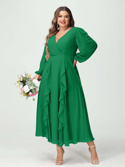Plus Size Chiffon Bridesmaid Dress with V-Neck, Long Sleeves, and A-Line Princess Silhouette in Tea-Length Featuring Pockets & Ruffles-BMbridal.UK
