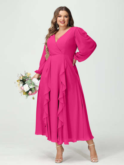 Plus Size Chiffon Bridesmaid Dress with V-Neck, Long Sleeves, and A-Line Princess Silhouette in Tea-Length Featuring Pockets & Ruffles-BMbridal.UK