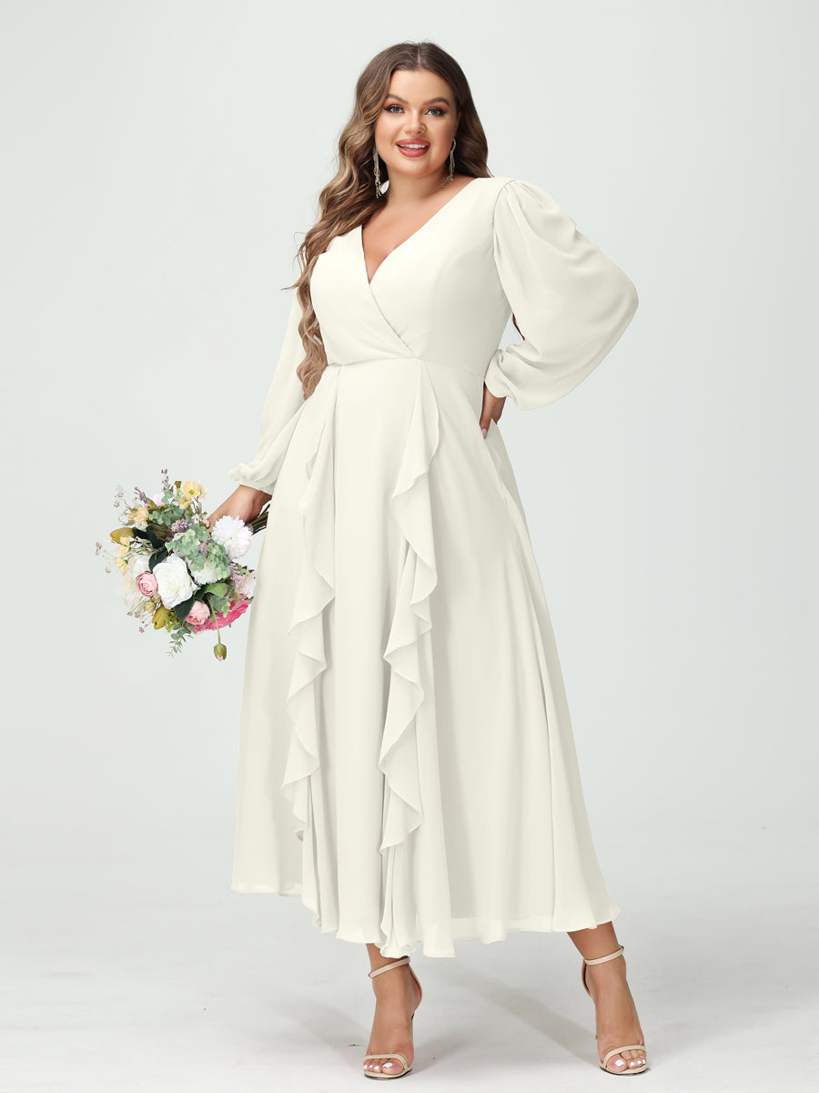 Plus Size Chiffon Bridesmaid Dress with V-Neck, Long Sleeves, and A-Line Princess Silhouette in Tea-Length Featuring Pockets & Ruffles-BMbridal.UK