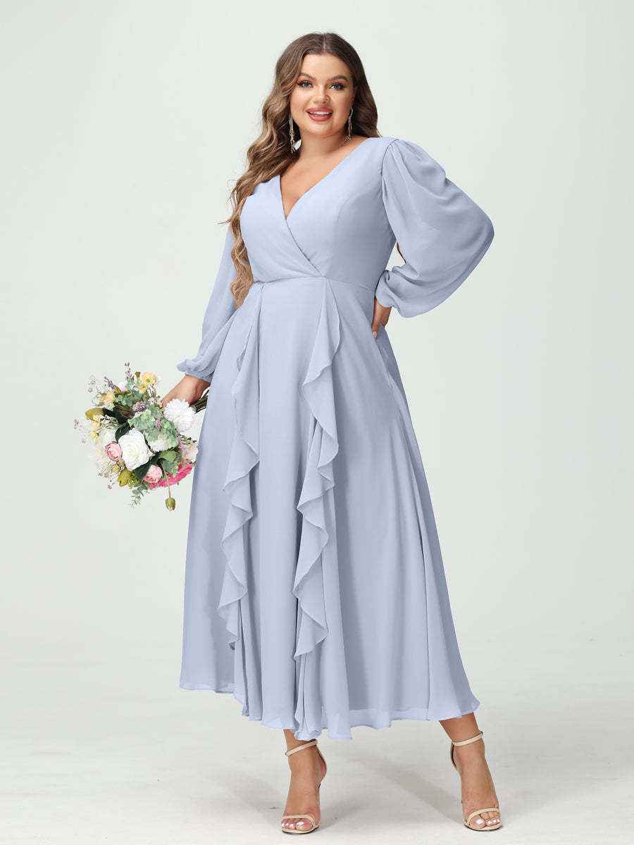 Plus Size Chiffon Bridesmaid Dress with V-Neck, Long Sleeves, and A-Line Princess Silhouette in Tea-Length Featuring Pockets & Ruffles-BMbridal.UK