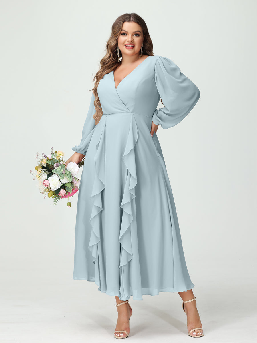Plus Size Chiffon Bridesmaid Dress with V-Neck, Long Sleeves, and A-Line Princess Silhouette in Tea-Length Featuring Pockets & Ruffles-BMbridal.UK