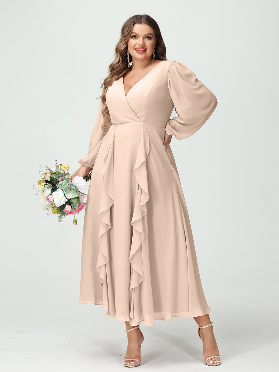 Plus Size Chiffon Bridesmaid Dress with V-Neck, Long Sleeves, and A-Line Princess Silhouette in Tea-Length Featuring Pockets & Ruffles-BMbridal.UK