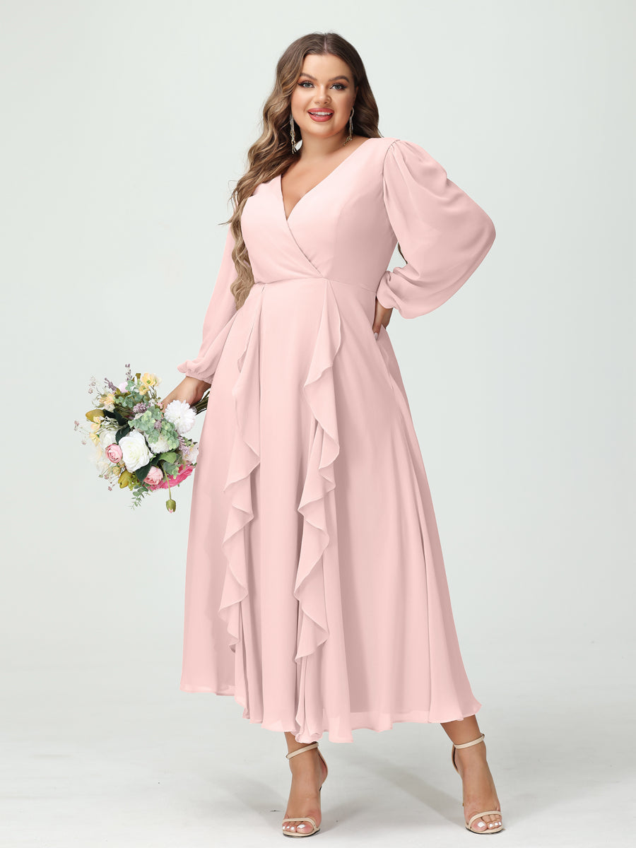 Plus Size Chiffon Bridesmaid Dress with V-Neck, Long Sleeves, and A-Line Princess Silhouette in Tea-Length Featuring Pockets & Ruffles-BMbridal.UK