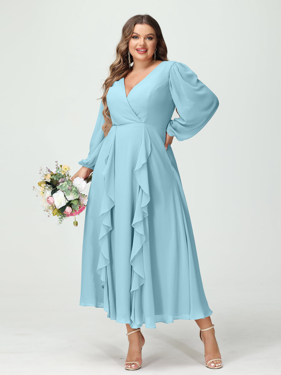 Plus Size Chiffon Bridesmaid Dress with V-Neck, Long Sleeves, and A-Line Princess Silhouette in Tea-Length Featuring Pockets & Ruffles-BMbridal.UK