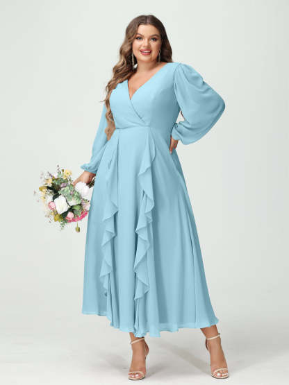 Plus Size Chiffon Bridesmaid Dress with V-Neck, Long Sleeves, and A-Line Princess Silhouette in Tea-Length Featuring Pockets & Ruffles-BMbridal.UK