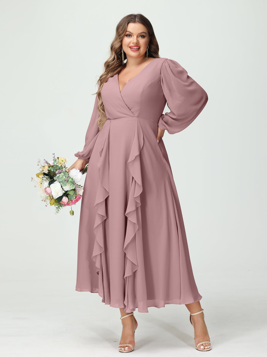Plus Size Chiffon Bridesmaid Dress with V-Neck, Long Sleeves, and A-Line Princess Silhouette in Tea-Length Featuring Pockets & Ruffles-BMbridal.UK