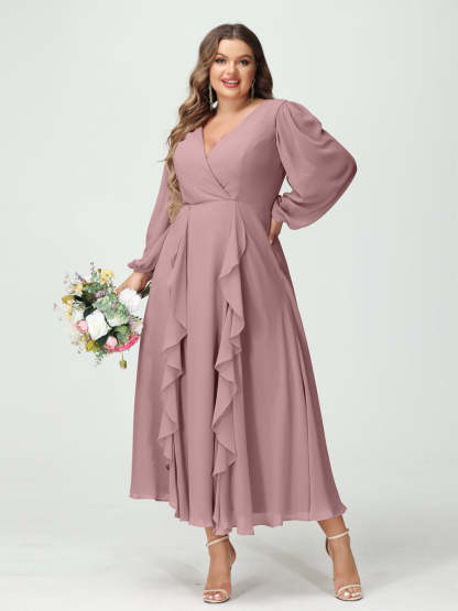Plus Size Chiffon Bridesmaid Dress with V-Neck, Long Sleeves, and A-Line Princess Silhouette in Tea-Length Featuring Pockets & Ruffles-BMbridal.UK