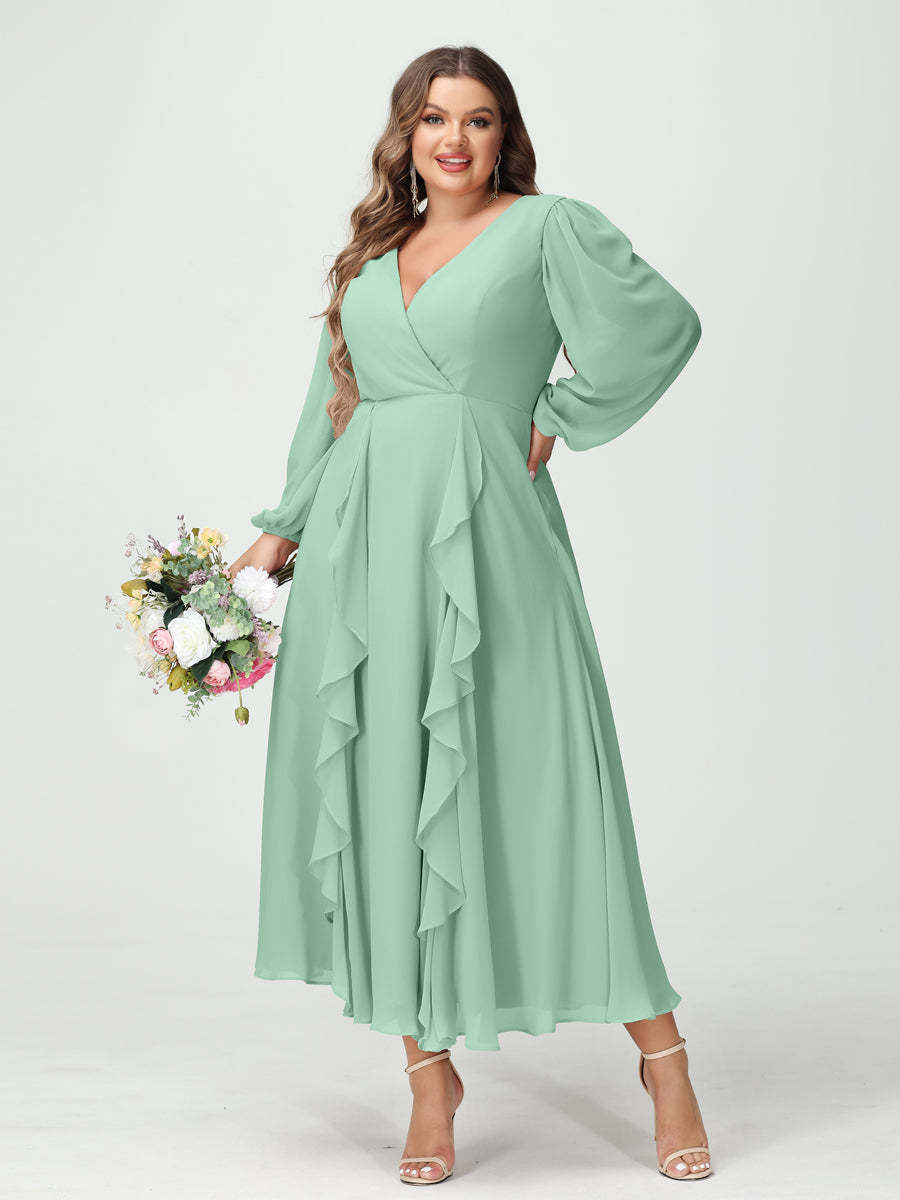 Plus Size Chiffon Bridesmaid Dress with V-Neck, Long Sleeves, and A-Line Princess Silhouette in Tea-Length Featuring Pockets & Ruffles-BMbridal.UK