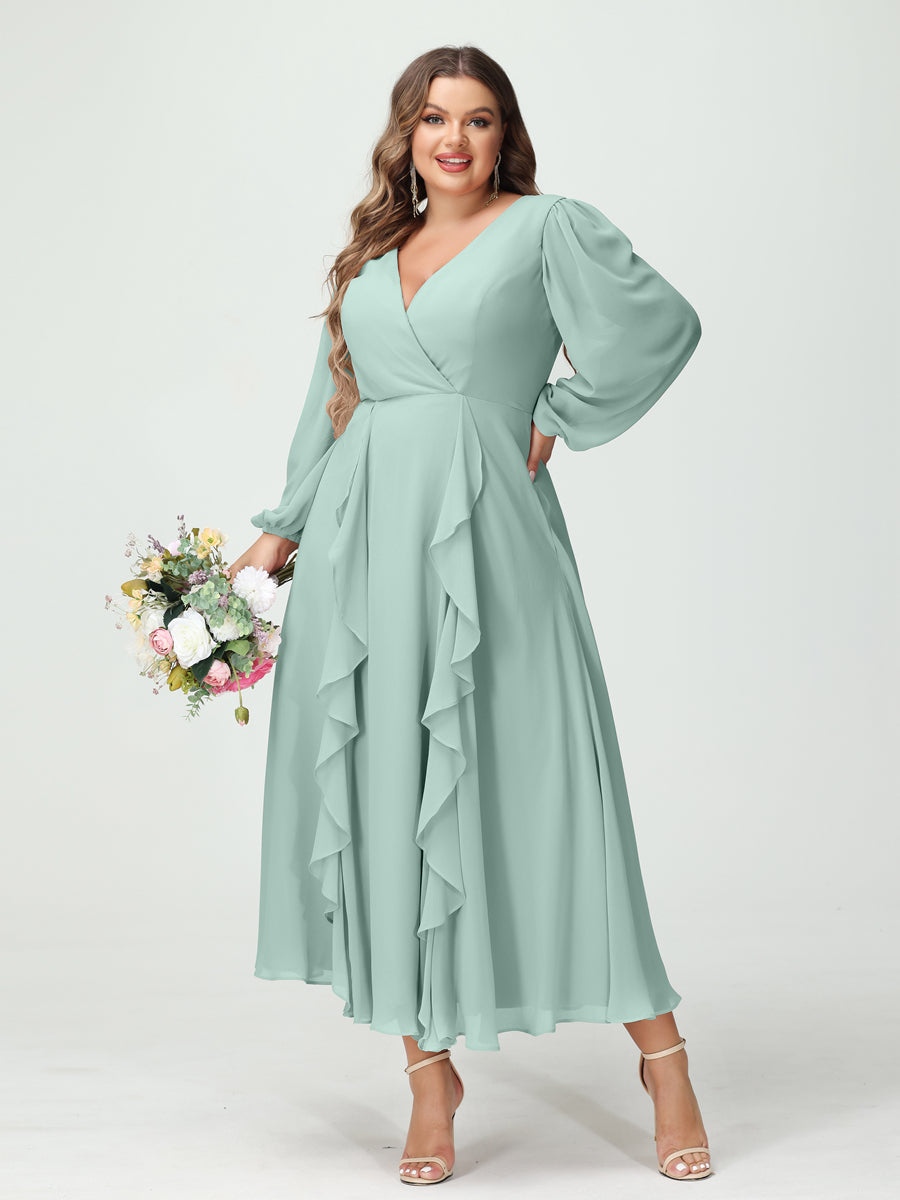 Plus Size Chiffon Bridesmaid Dress with V-Neck, Long Sleeves, and A-Line Princess Silhouette in Tea-Length Featuring Pockets & Ruffles-BMbridal.UK