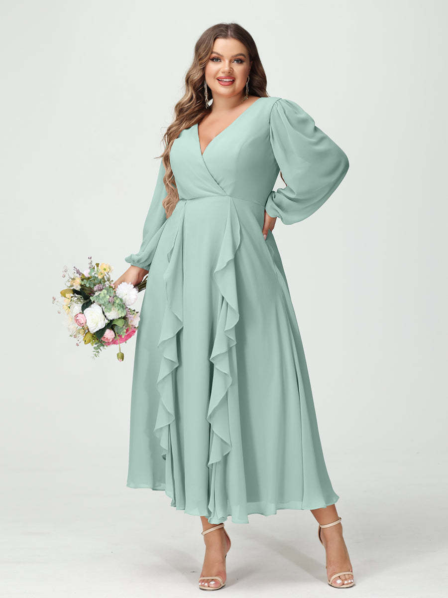 Plus Size Chiffon Bridesmaid Dress with V-Neck, Long Sleeves, and A-Line Princess Silhouette in Tea-Length Featuring Pockets & Ruffles-BMbridal.UK