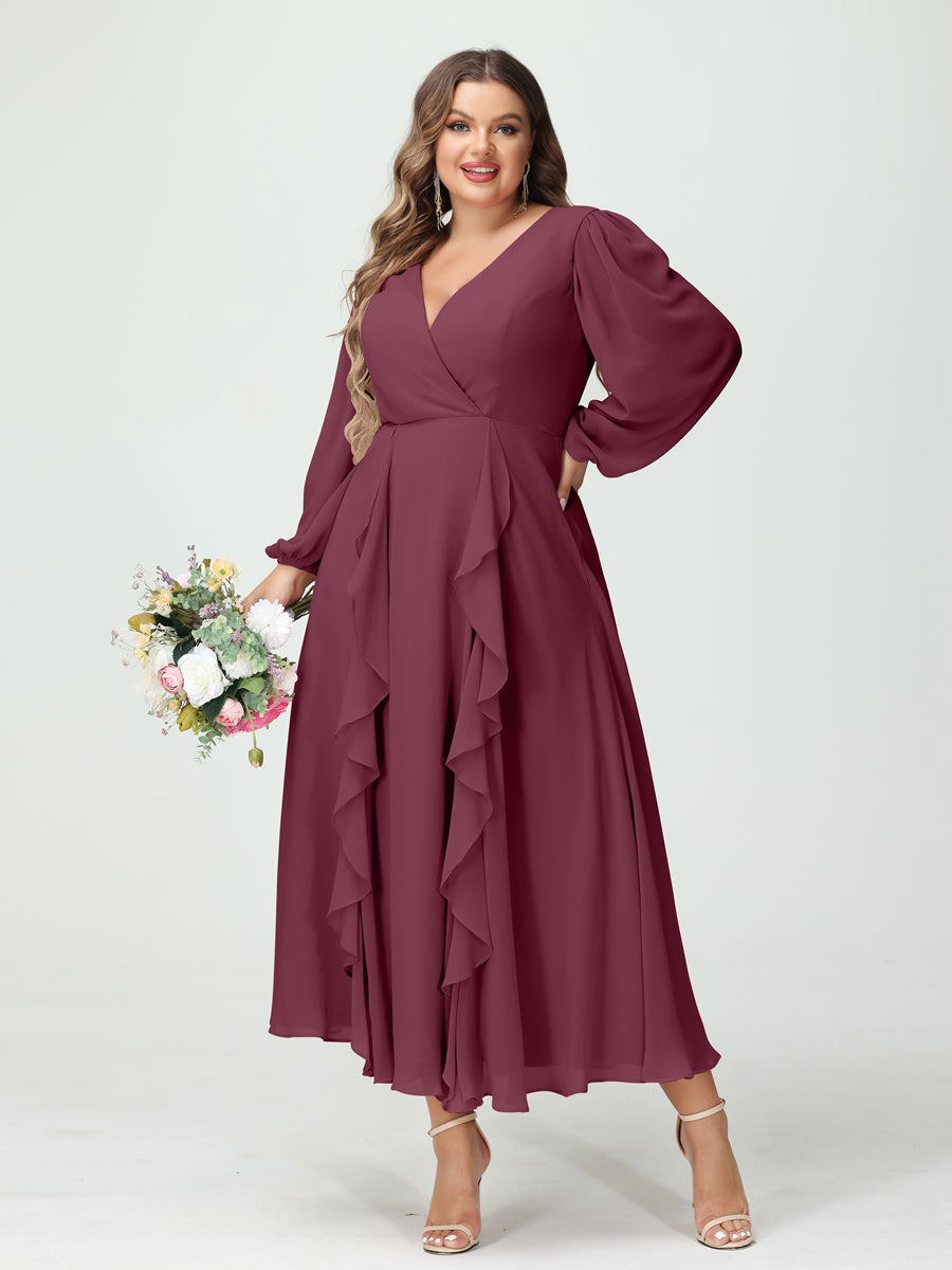 Plus Size Chiffon Bridesmaid Dress with V-Neck, Long Sleeves, and A-Line Princess Silhouette in Tea-Length Featuring Pockets & Ruffles-BMbridal.UK