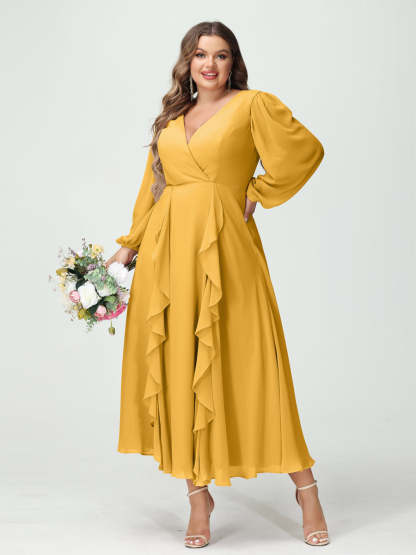 Plus Size Chiffon Bridesmaid Dress with V-Neck, Long Sleeves, and A-Line Princess Silhouette in Tea-Length Featuring Pockets & Ruffles-BMbridal.UK