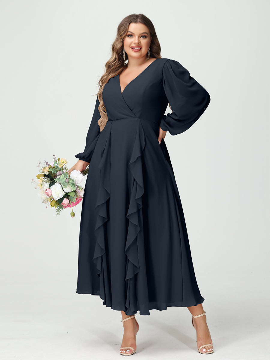 Plus Size Chiffon Bridesmaid Dress with V-Neck, Long Sleeves, and A-Line Princess Silhouette in Tea-Length Featuring Pockets & Ruffles-BMbridal.UK