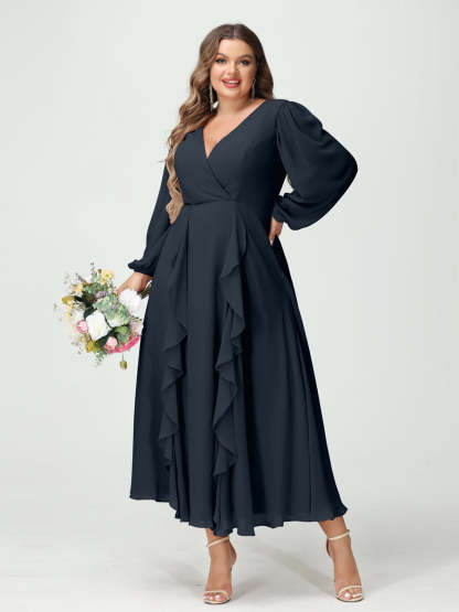 Plus Size Chiffon Bridesmaid Dress with V-Neck, Long Sleeves, and A-Line Princess Silhouette in Tea-Length Featuring Pockets & Ruffles-BMbridal.UK