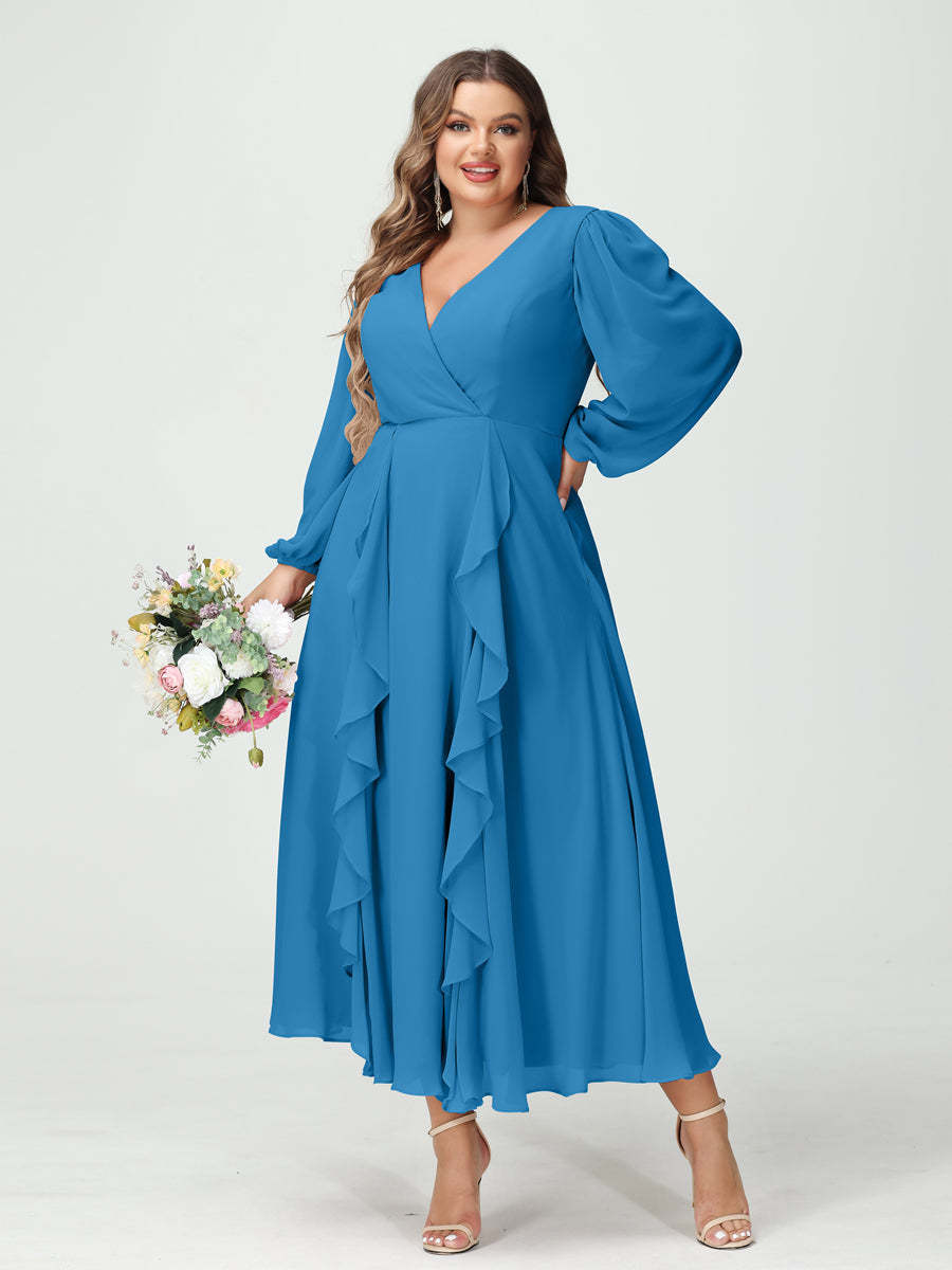Plus Size Chiffon Bridesmaid Dress with V-Neck, Long Sleeves, and A-Line Princess Silhouette in Tea-Length Featuring Pockets & Ruffles-BMbridal.UK