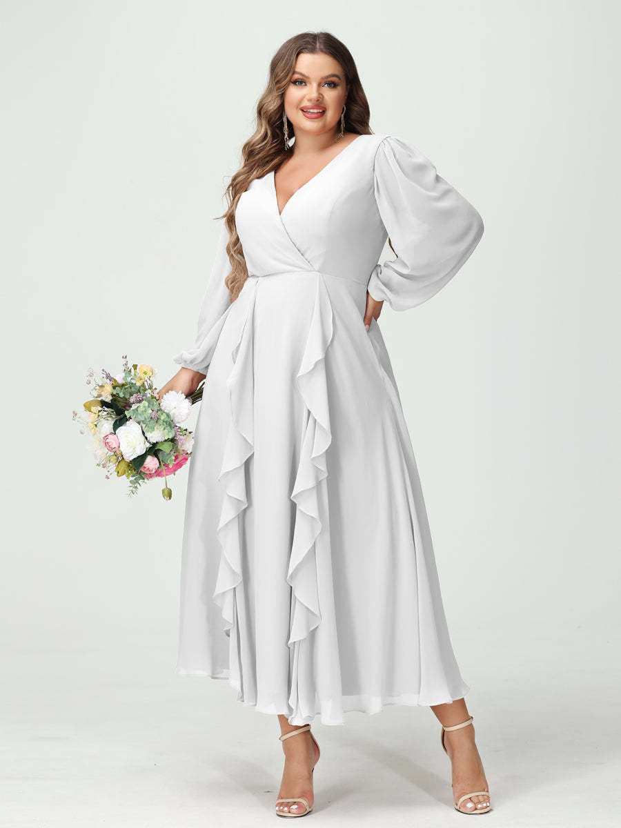 Plus Size Chiffon Bridesmaid Dress with V-Neck, Long Sleeves, and A-Line Princess Silhouette in Tea-Length Featuring Pockets & Ruffles-BMbridal.UK