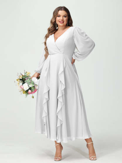 Plus Size Chiffon Bridesmaid Dress with V-Neck, Long Sleeves, and A-Line Princess Silhouette in Tea-Length Featuring Pockets & Ruffles-BMbridal.UK