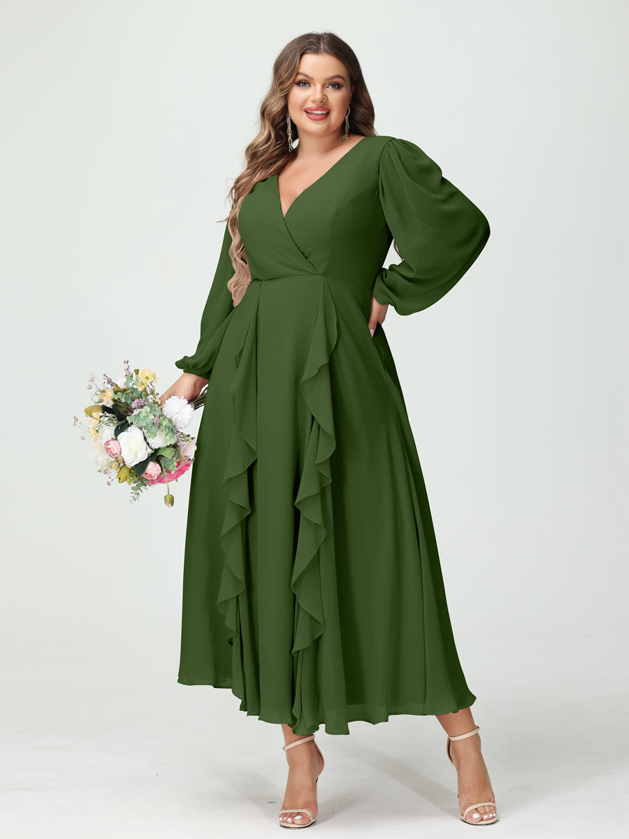 Plus Size Chiffon Bridesmaid Dress with V-Neck, Long Sleeves, and A-Line Princess Silhouette in Tea-Length Featuring Pockets & Ruffles-BMbridal.UK