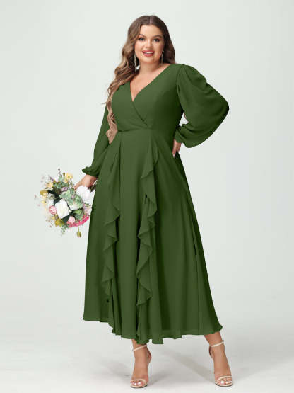 Plus Size Chiffon Bridesmaid Dress with V-Neck, Long Sleeves, and A-Line Princess Silhouette in Tea-Length Featuring Pockets & Ruffles-BMbridal.UK