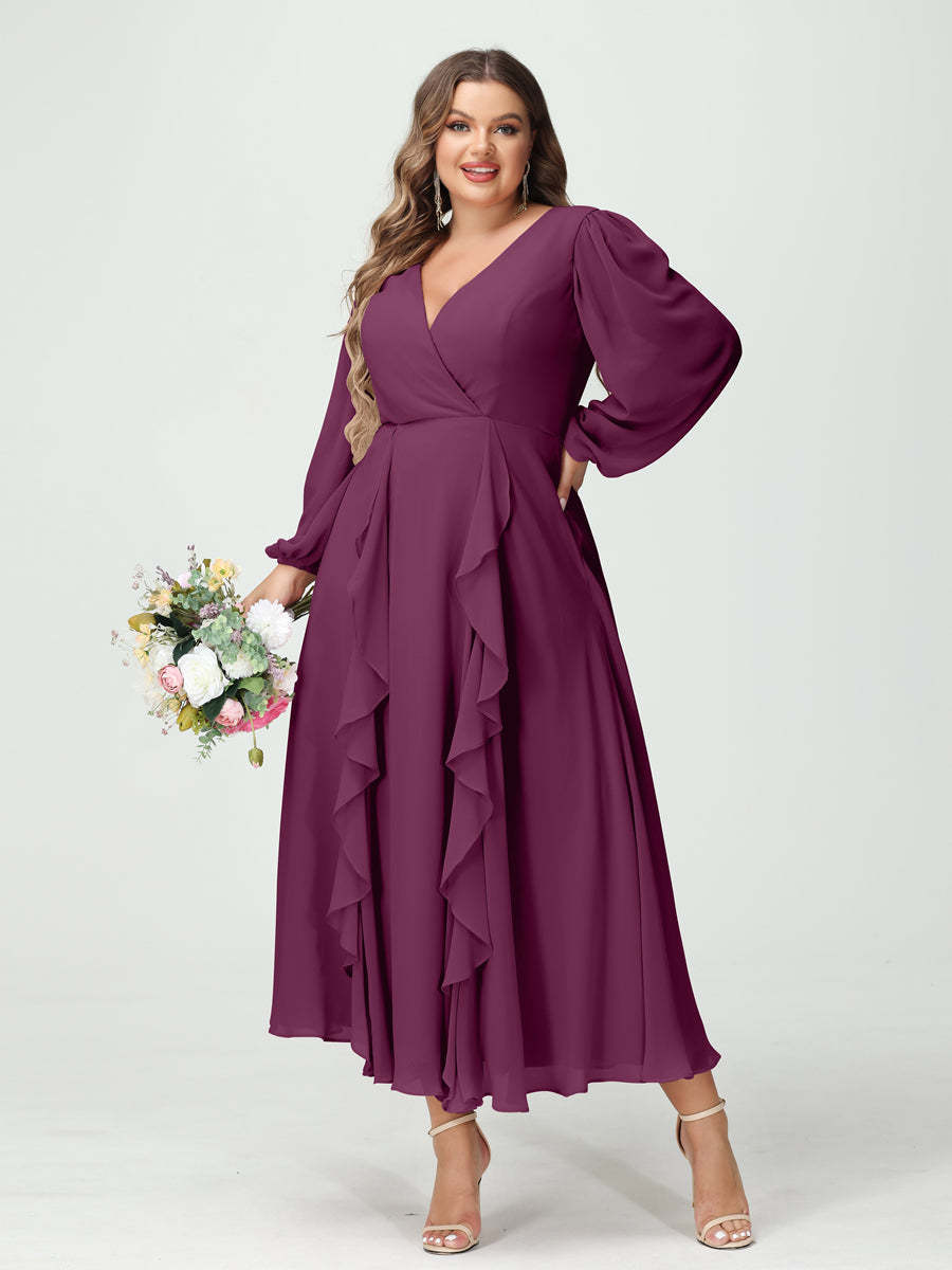 Plus Size Chiffon Bridesmaid Dress with V-Neck, Long Sleeves, and A-Line Princess Silhouette in Tea-Length Featuring Pockets & Ruffles-BMbridal.UK