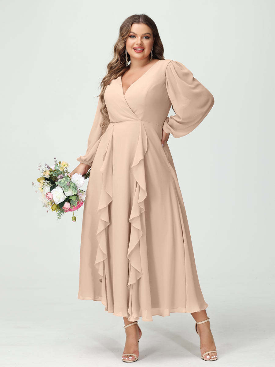 Plus Size Chiffon Bridesmaid Dress with V-Neck, Long Sleeves, and A-Line Princess Silhouette in Tea-Length Featuring Pockets & Ruffles-BMbridal.UK