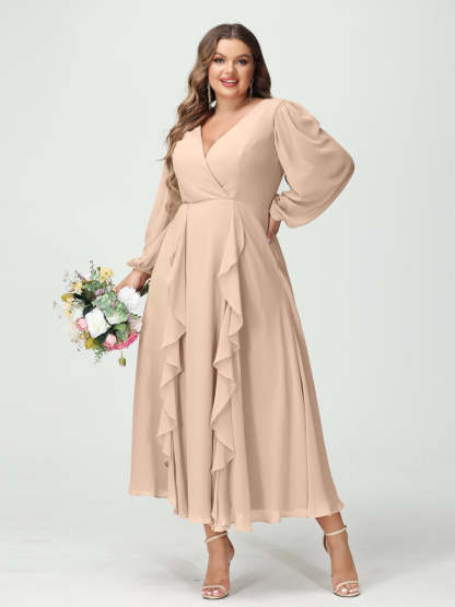 Plus Size Chiffon Bridesmaid Dress with V-Neck, Long Sleeves, and A-Line Princess Silhouette in Tea-Length Featuring Pockets & Ruffles-BMbridal.UK