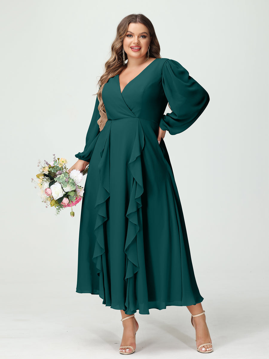 Plus Size Chiffon Bridesmaid Dress with V-Neck, Long Sleeves, and A-Line Princess Silhouette in Tea-Length Featuring Pockets & Ruffles-BMbridal.UK