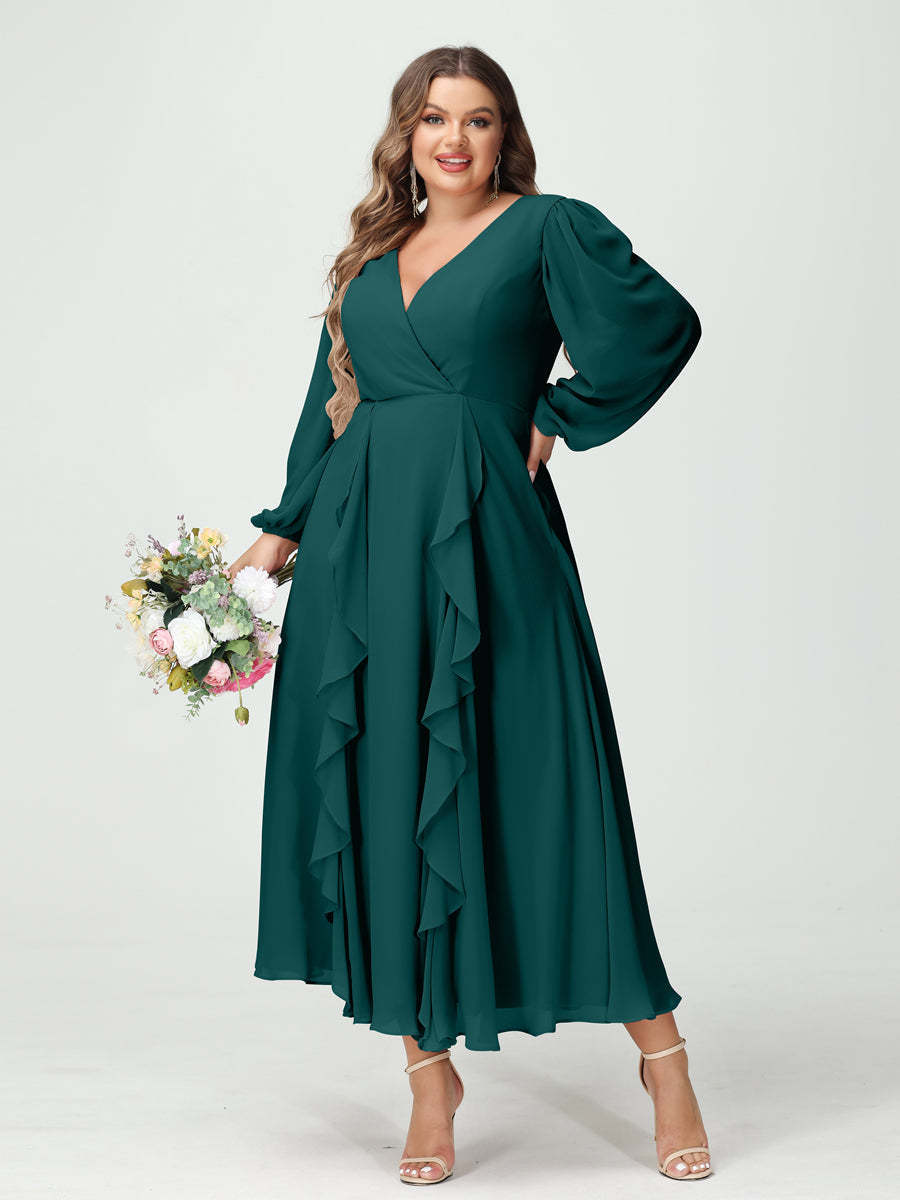 Plus Size Chiffon Bridesmaid Dress with V-Neck, Long Sleeves, and A-Line Princess Silhouette in Tea-Length Featuring Pockets & Ruffles-BMbridal.UK