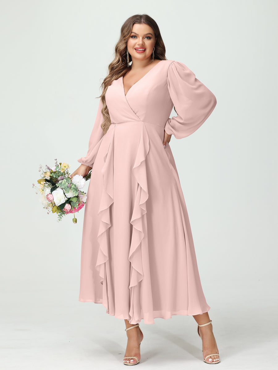 Plus Size Chiffon Bridesmaid Dress with V-Neck, Long Sleeves, and A-Line Princess Silhouette in Tea-Length Featuring Pockets & Ruffles-BMbridal.UK