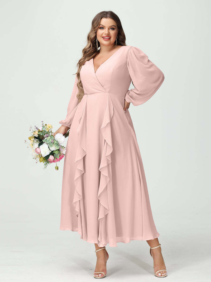 Plus Size Chiffon Bridesmaid Dress with V-Neck, Long Sleeves, and A-Line Princess Silhouette in Tea-Length Featuring Pockets & Ruffles-BMbridal.UK
