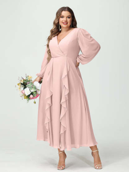 Plus Size Chiffon Bridesmaid Dress with V-Neck, Long Sleeves, and A-Line Princess Silhouette in Tea-Length Featuring Pockets & Ruffles-BMbridal.UK