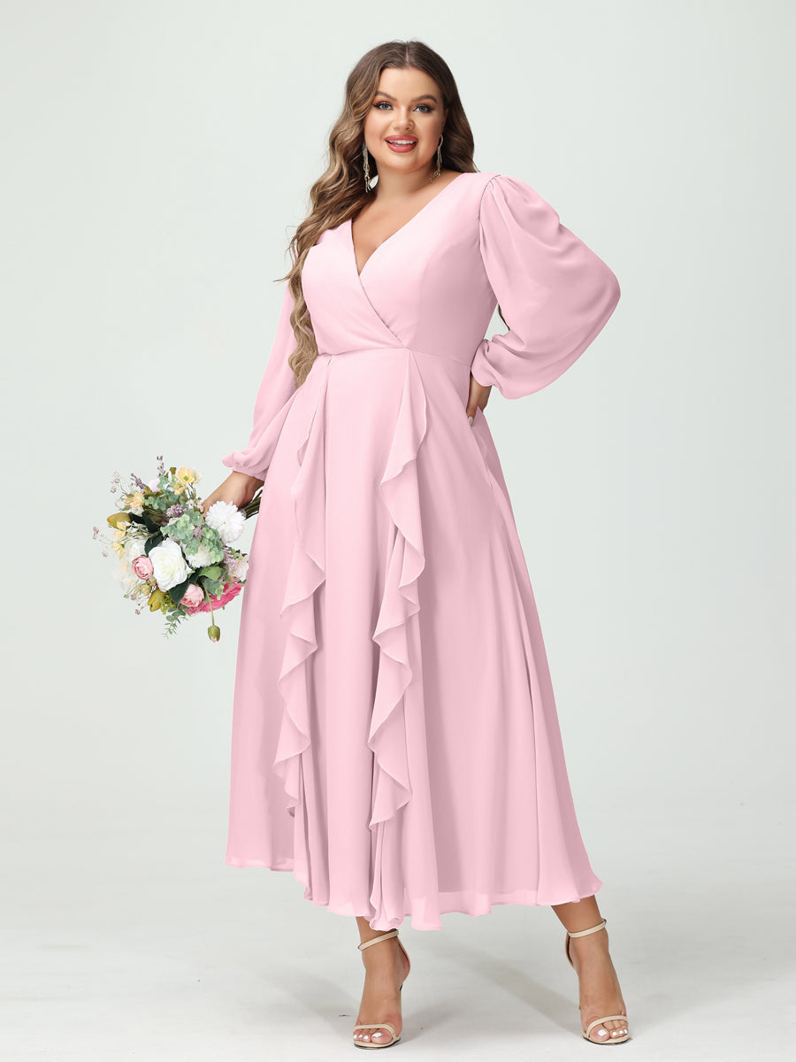 Plus Size Chiffon Bridesmaid Dress with V-Neck, Long Sleeves, and A-Line Princess Silhouette in Tea-Length Featuring Pockets & Ruffles-BMbridal.UK