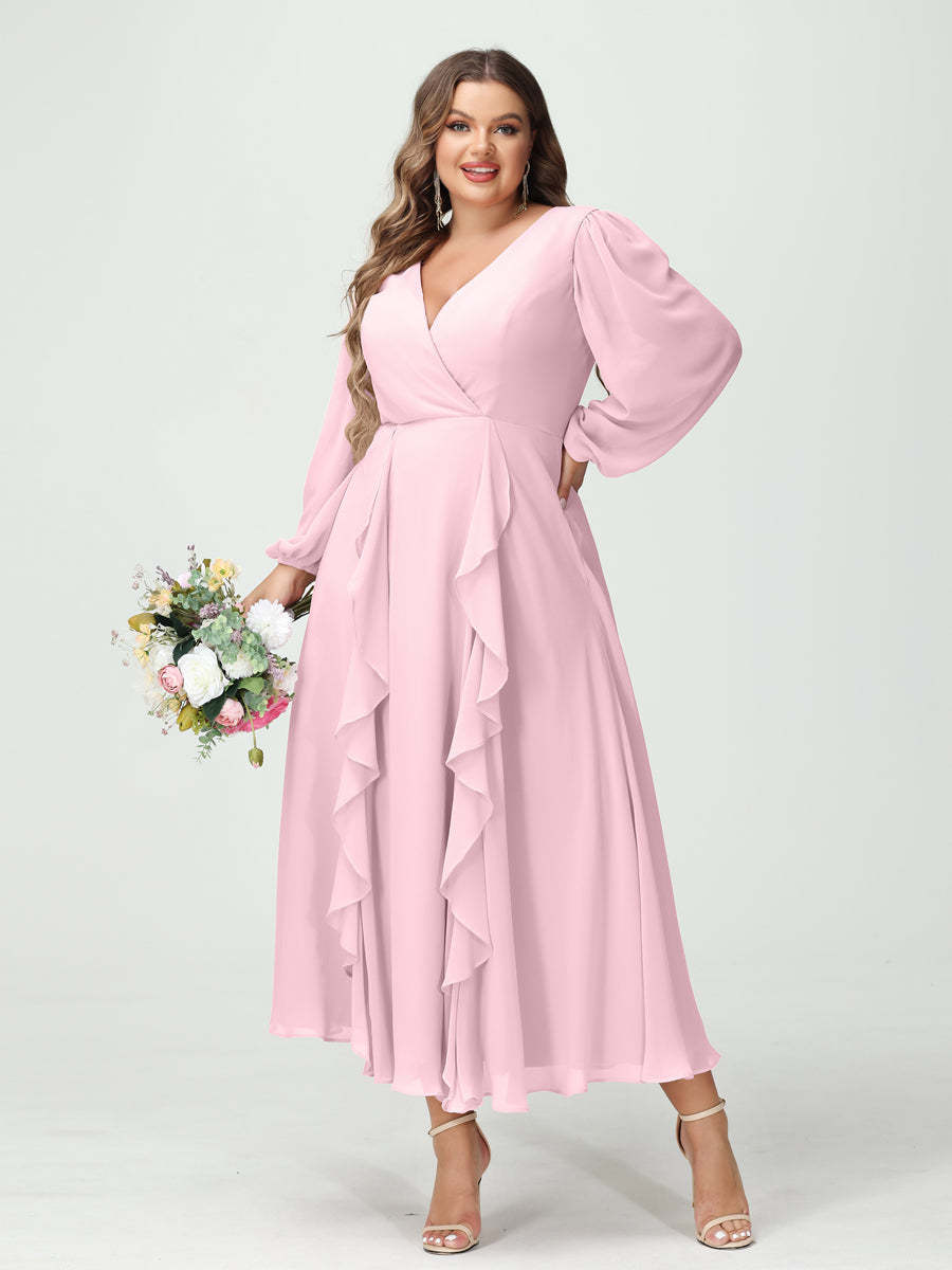 Plus Size Chiffon Bridesmaid Dress with V-Neck, Long Sleeves, and A-Line Princess Silhouette in Tea-Length Featuring Pockets & Ruffles-BMbridal.UK