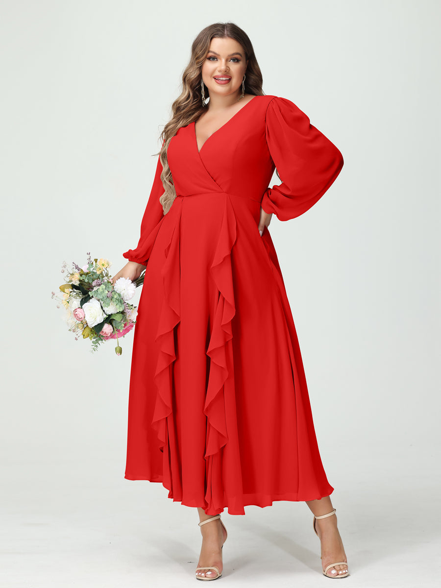 Plus Size Chiffon Bridesmaid Dress with V-Neck, Long Sleeves, and A-Line Princess Silhouette in Tea-Length Featuring Pockets & Ruffles-BMbridal.UK