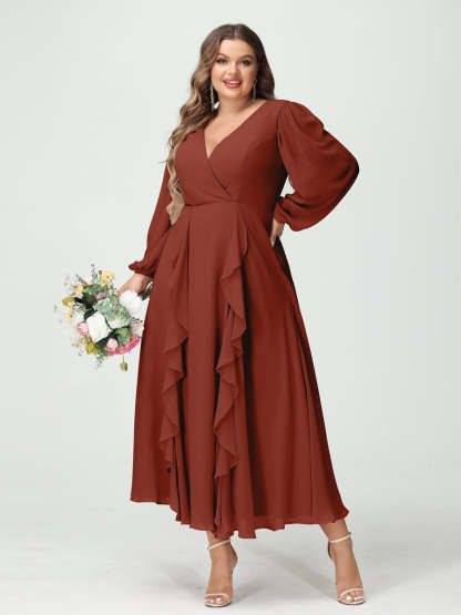 Plus Size Chiffon Bridesmaid Dress with V-Neck, Long Sleeves, and A-Line Princess Silhouette in Tea-Length Featuring Pockets & Ruffles-BMbridal.UK